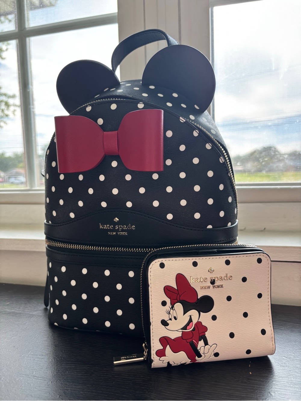 Kate Spade Black Polka Dot Minnie Mouse Backpack with Red Bow & Matching Wallet